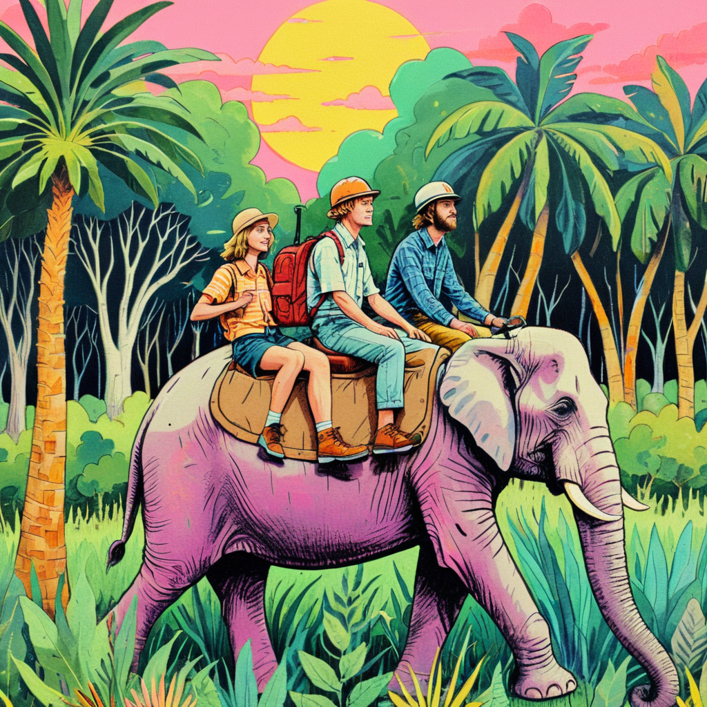 01046-[number]-_lora_Psychedelic Vibes - Trigger with Psychvibes Artstyle_1_ Film still from a new  movie about a group of people on a safari.png